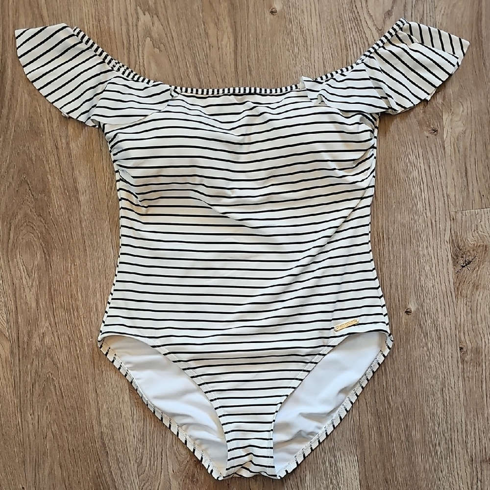 Vince Camuto Black and White Striped Bodysuit with Ruffled Cap Sleeves